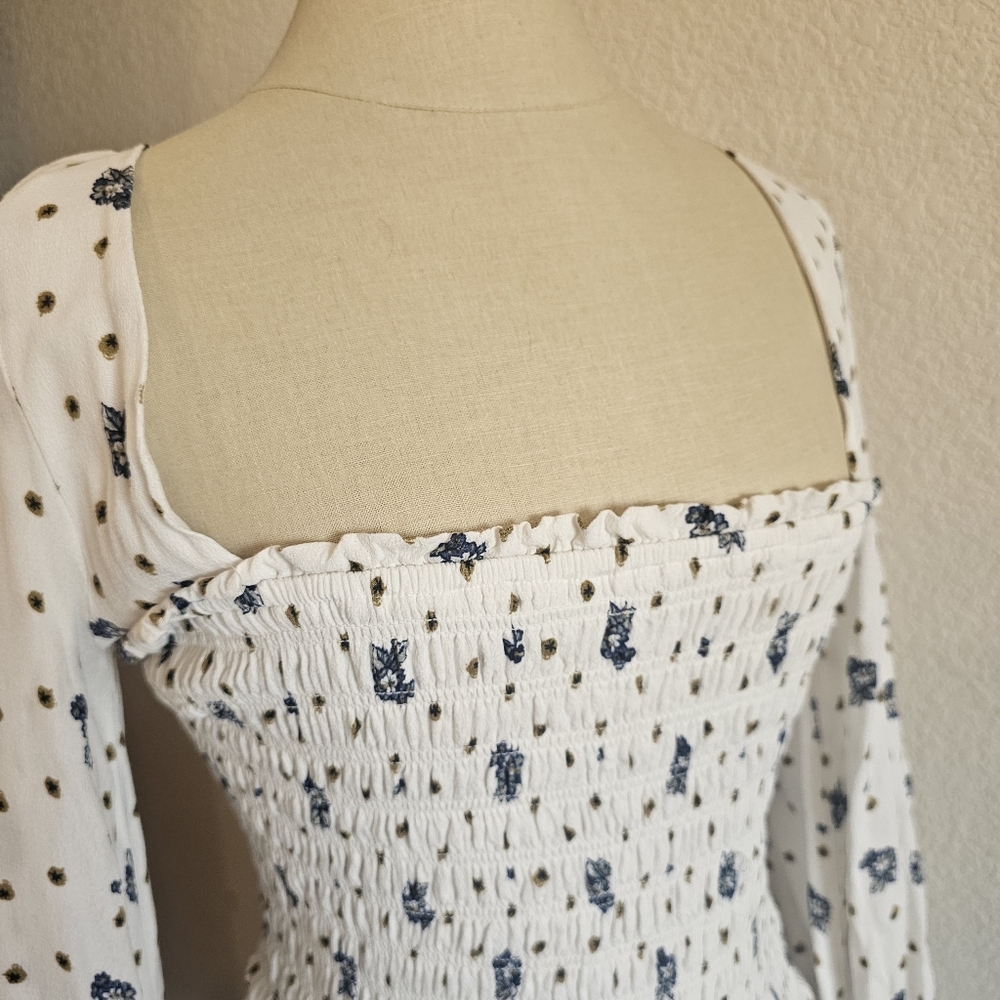 FREE PEOPLE Two Faces Long Sleeve Ruched Short BoHo Floral Dress White/blue. XS - Picture 4 of 16